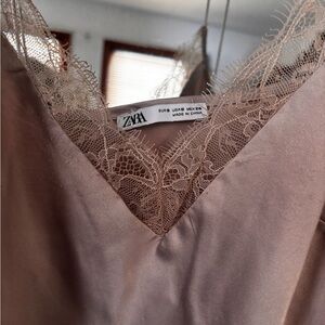 Zara Satin Slip with Lace Detail - Tan